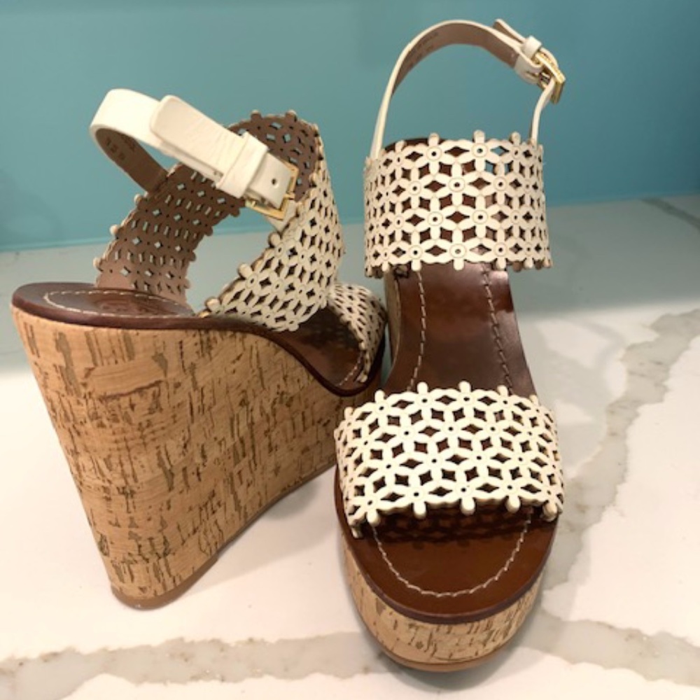 Tory Burch Daisy Perforated platform wedge white